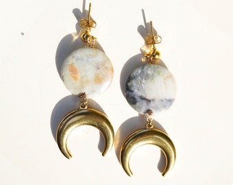 half moon earrings - gold moon earrings - full moon earrings - zodiac earrings - jasper stone earrings - gift for her - hippie gift