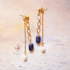lapis and pearl earrings - lapiz lazuli - genuine pearl - gemstone earrings - crystal earrings - dangle earrings - crystal energy