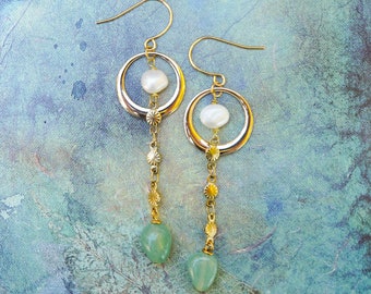 aventurine earrings - pearl earrings - aventurine crystal - gold  gemstone earrings - crystal earrings - dangle earrings - crystal energy