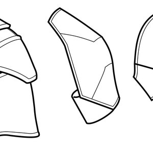 May include: Three black and white line drawings of different types of armor. The first is a helmet with a visor, the second is a knee pad, and the third is a shoulder pad.