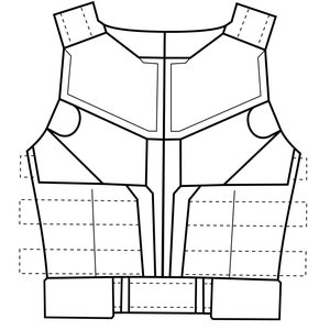 Può includere: Un disegno in bianco e nero di un gilet con un design geometrico. Il gilet ha un collo alto e una chiusura a zip. Il gilet è diviso in sezioni da linee, creando uno schema a griglia.