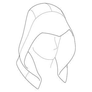 Puede incluir: Dibujo de línea de una persona que lleva una prenda con capucha. La capucha está subida sobre la cabeza de la persona, ocultando su rostro.