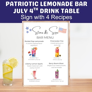 July 4th Party Lemonade Bar Recipe Menu Sign Printable, Memorial Picnic Drink Station Table Decor, DIY Lemonade Stand Drink Table, 4 Recipes