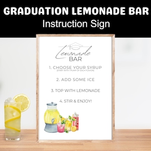 Letrero imprimible para barra de limonada para fiesta de graduación, decoración de mesa para estación de bebidas para fiesta de graduación, instrucciones para mesa de bebidas para puesto de limonada DIY