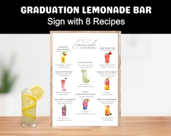 Graduation Party Lemonade Bar Recipe Menu Sign Printable, Grad Party Drink Station Table Decor, DIY Lemonade Stand Drink Table, 8 Recipes