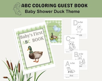 May include: An ABC coloring guest book with a baby shower duck theme. The cover features a duck illustration and the text "Baby's First ABC BOOK". Additional pages show illustrations of a duck, cat, bear, and ant.