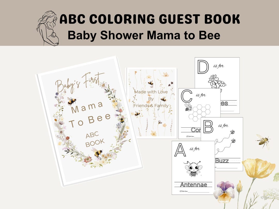 Mama to Bee Theme ABC Baby Shower Guest Coloring Book Honey Baby Bee ...