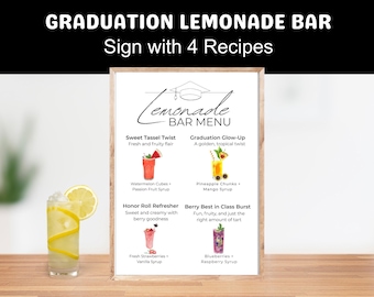 Graduation Party Lemonade Bar Recipe Menu Sign Printable, Grad Party Drink Station Table Decor, DIY Lemonade Stand Drink Table, 4 Recipes