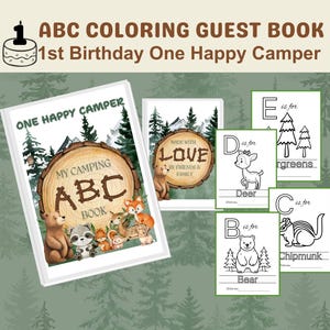 One Happy Camper ABC 1° compleanno libro da colorare per gli ospiti, animali della foresta e tema esploratore Lascia che l'avventura abbia inizio Festa del primo compleanno