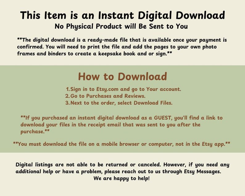 Puede incluir: Texto sobre un fondo beige que explica que este art&iacute;culo es una descarga digital instant&aacute;nea y que no se enviar&aacute; ning&uacute;n producto f&iacute;sico. El texto tambi&eacute;n explica c&oacute;mo descargar el archivo digital y que las listas digitales no se pueden devolver ni cancelar.
