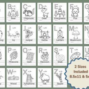 Puede incluir: Cartas de alfabeto en blanco y negro con ilustraciones de animales y objetos del bosque. Cada carta tiene una letra, las palabras "es para" y una l&iacute;nea en blanco para escribir. Las cartas est&aacute;n dise&ntilde;adas para colorear y aprender.
