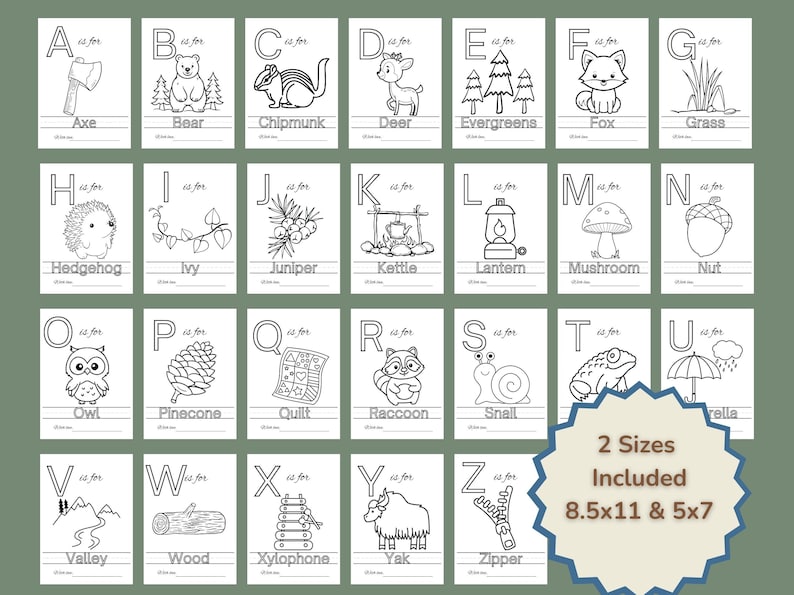 Puede incluir: Cartas de alfabeto en blanco y negro con ilustraciones de animales y objetos del bosque. Cada carta tiene una letra, las palabras "es para" y una l&iacute;nea en blanco para escribir. Las cartas est&aacute;n dise&ntilde;adas para colorear y aprender.