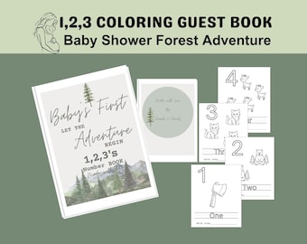 Forest 123's Numbers Baby Shower Guest Book Coloring Pages, Baby's First Let the Adventure Begin, Printable Baby Shower Activity Idea