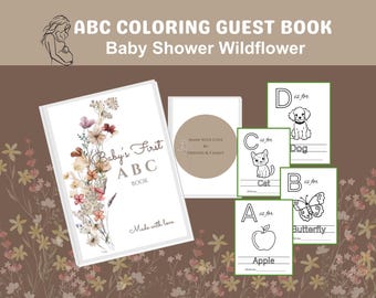 Libro de visitas con el alfabeto de flores silvestres para baby shower, idea de libro de visitas para baby shower de niñas, actividad imprimible para fiesta de baby shower, hojas para colorear con el alfabeto