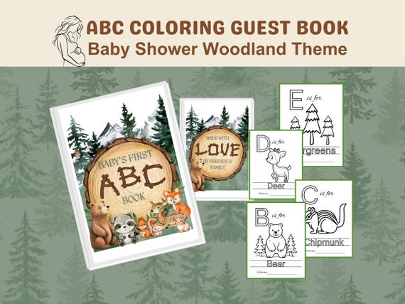 Let the Adventure Begin, ABC Baby Shower Guest Coloring Book, Woodland Forest Animals and Explorer Theme, For Gender Reveal or Baby Showers