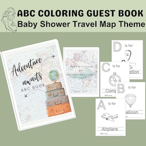 Abenteuer erwartet ABC Baby Shower Gast Malbuch Reise Weltkarte Gepäck Entdecker Thema, für Gender Reveal oder Baby-Duschen
