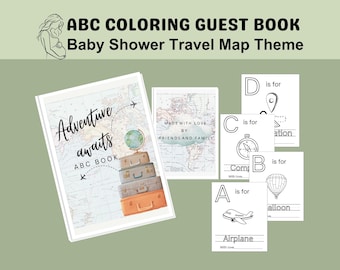 Libro para colorear con el abecedario de Adventure Awaits para invitados a baby shower Mapa del mundo de viajes Tema de explorador de equipaje, para revelación de género o baby showers