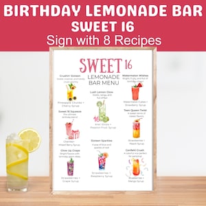 Sweet 16 Birthday Lemonade Bar Rezept Menüschild zum Ausdrucken, Happy Birthday Girl Party Drink Station Tisch, DIY Limonade Stand Bar, 8 Rezepte
