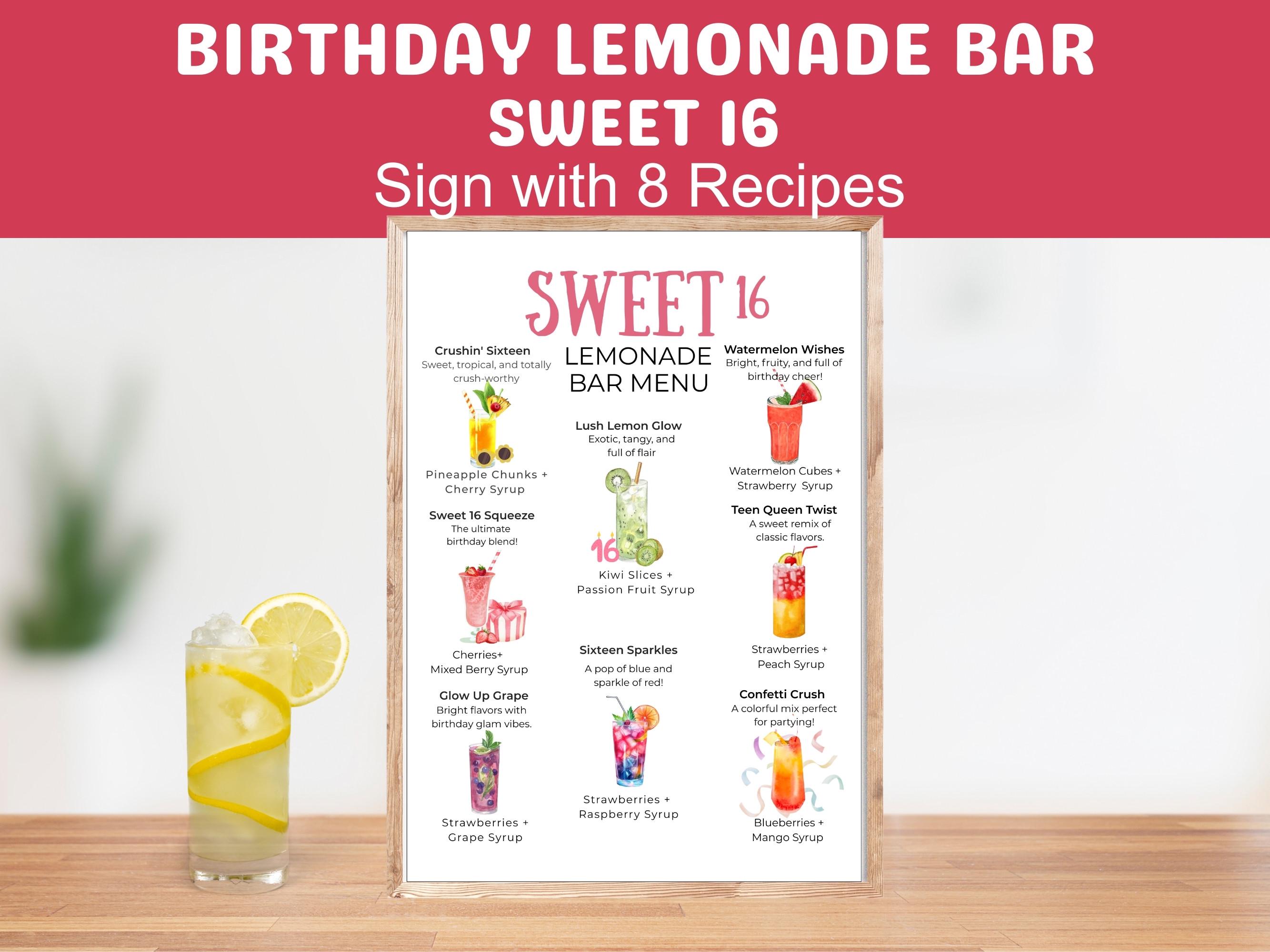 Sweet 16 Birthday Lemonade Bar Recipe Menu Sign Printable, Happy Birthday Girl Party Drink Station Table, DIY Lemonade Stand Bar, 8 Recipes