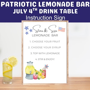 Patriotic Lemonade Bar Sign Printable, July 4th Party Drink Station Table Decor, DIY Lemonade Stand Drink Table Memorial Picnic Instructions