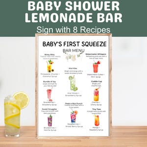 Przepis na bar z lemoniadą na baby shower Menu do wydrukowania, stół na imprezę z napojami w motywie imion dla dzieci, stół na napoje z lemoniadą DIY, 8 przepisów