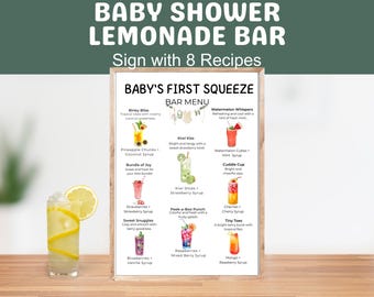 Baby Shower Lemonade Bar Recipe Menu Sign Printable, Baby Themed Names Party Drink Station Table, DIY Lemonade Stand Drink Table, 8 Recipes
