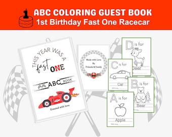 Libro de visitas para el primer cumpleaños de un auto de carreras con páginas para colorear del alfabeto, descarga digital, actividad imprimible de autos de carreras, fiesta de primer cumpleaños de niño, color rojo