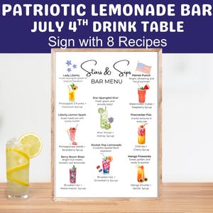 Signe de menu de recette de bar à limonade de fête patriotique imprimable, table de station de boisson de fête de bienvenue à la maison, table de boisson de support de limonade bricolage, 8 recettes