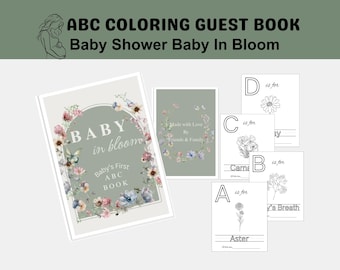 Bebé en flor Primer libro para colorear con el abecedario para invitados a baby shower Libro de visitas con flores silvestres en verde salvia Actividad para fiestas de recuerdos Regalo para la futura mamá