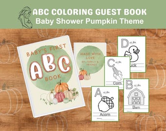 Una pequeña calabaza está en camino, libro para colorear con el abecedario para invitados a baby shower, idea de libro de visitas para baby shower con temática de calabaza, el primer libro del abecedario del bebé