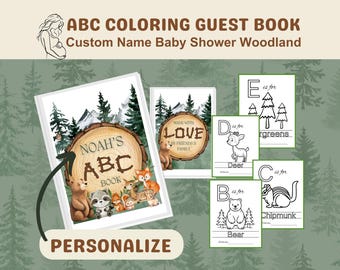 Personalized Woodland ABC Baby Shower Guest Coloring Book Forest Animals and Explorer Theme For Gender Reveal or Baby Showers Guestbook