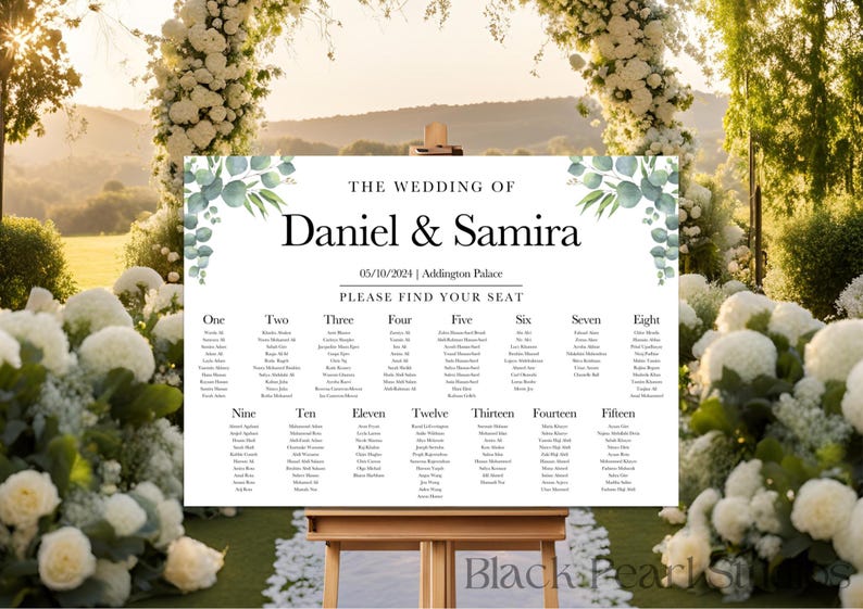May include: A wedding seating chart with a white background and green eucalyptus leaves in the corners. The text reads "The Wedding of Daniel & Samira" and "05/10/2024 | Addington Palace". The chart lists the names of guests for each table number, from one to fifteen.