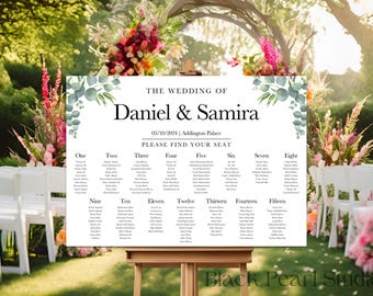Personalised Eucalyptus Wedding Seating Chart: Foamex Board Sign, Modern Table Plan