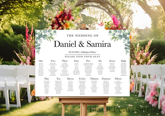 Personalised Eucalyptus Wedding Seating Chart: Foamex Board Sign, Modern Table Plan