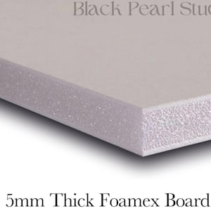 May include: Close-up of a 5mm thick white foam board. The board has a textured surface and is ideal for crafting and DIY projects.