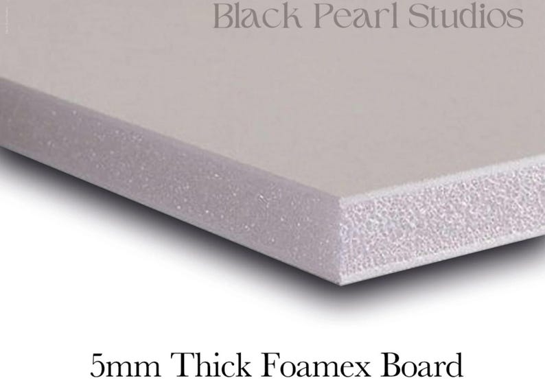 May include: Close-up of a 5mm thick white foam board. The board has a textured surface and is ideal for crafting and DIY projects.