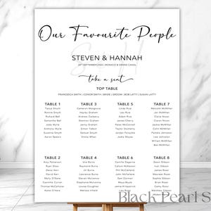 May include: A white wedding seating plan with black lettering. The title "Our Favourite People" is at the top, followed by the names "Steven & Hannah" and the date. Tables 1-8 list guest names. The bottom right corner has the text "Black Pearl Studios."