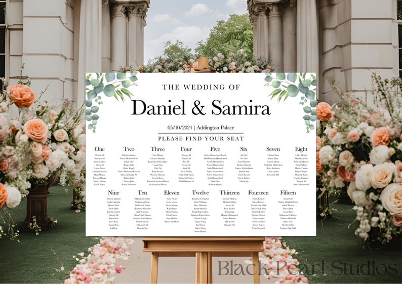 May include: A wedding seating chart with a eucalyptus and greenery design. The chart lists the names of guests for each table, numbered one through fifteen. The text at the top reads "The Wedding of Daniel & Samira" and "05/10/2024 | Addington Palace".