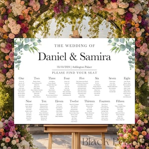May include: A wedding seating chart with a eucalyptus and watercolor design. The chart is titled "The Wedding of Daniel & Samira" and lists the names of guests under table numbers one through fifteen.
