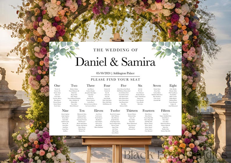 May include: A wedding seating chart with a eucalyptus and watercolor design. The chart is titled "The Wedding of Daniel & Samira" and lists the names of guests under table numbers one through fifteen.