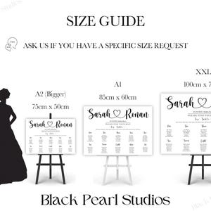 May include: A size guide for wedding seating charts, showing three different sizes: A2 (75cm x 50cm), A1 (85cm x 60cm), and XXL (100cm x 75cm). The chart features the text "Sarah & Ronan" with a heart symbol.