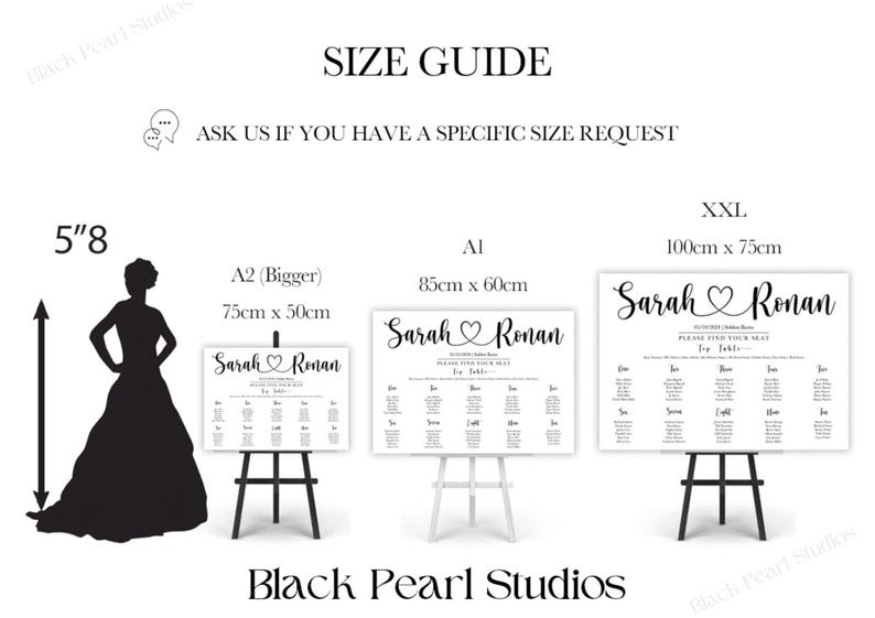 May include: A size guide for wedding seating charts, showing three different sizes: A2 (75cm x 50cm), A1 (85cm x 60cm), and XXL (100cm x 75cm). The chart features the text "Sarah & Ronan" with a heart symbol.