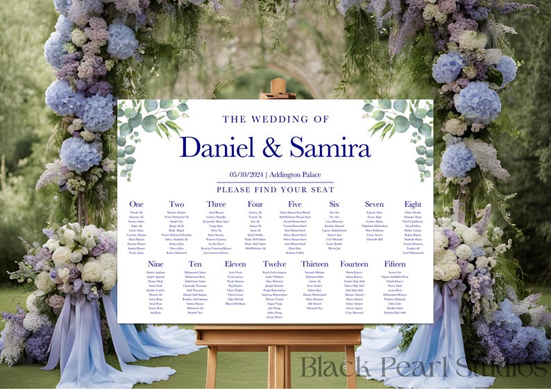 May include: A wedding seating chart with a white background and green eucalyptus leaves. The chart is titled "The Wedding of Daniel & Samira" and includes the date "05/10/2024" and the location "Addington Palace". The chart lists table numbers from one to fifteen with guest names under each table number.