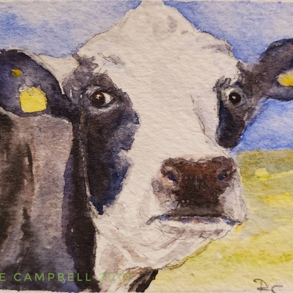 Original Miniature - Cow Watercolor,Hand Painted, ACEO ATC Size Small Painting, Art by Renee Campbell