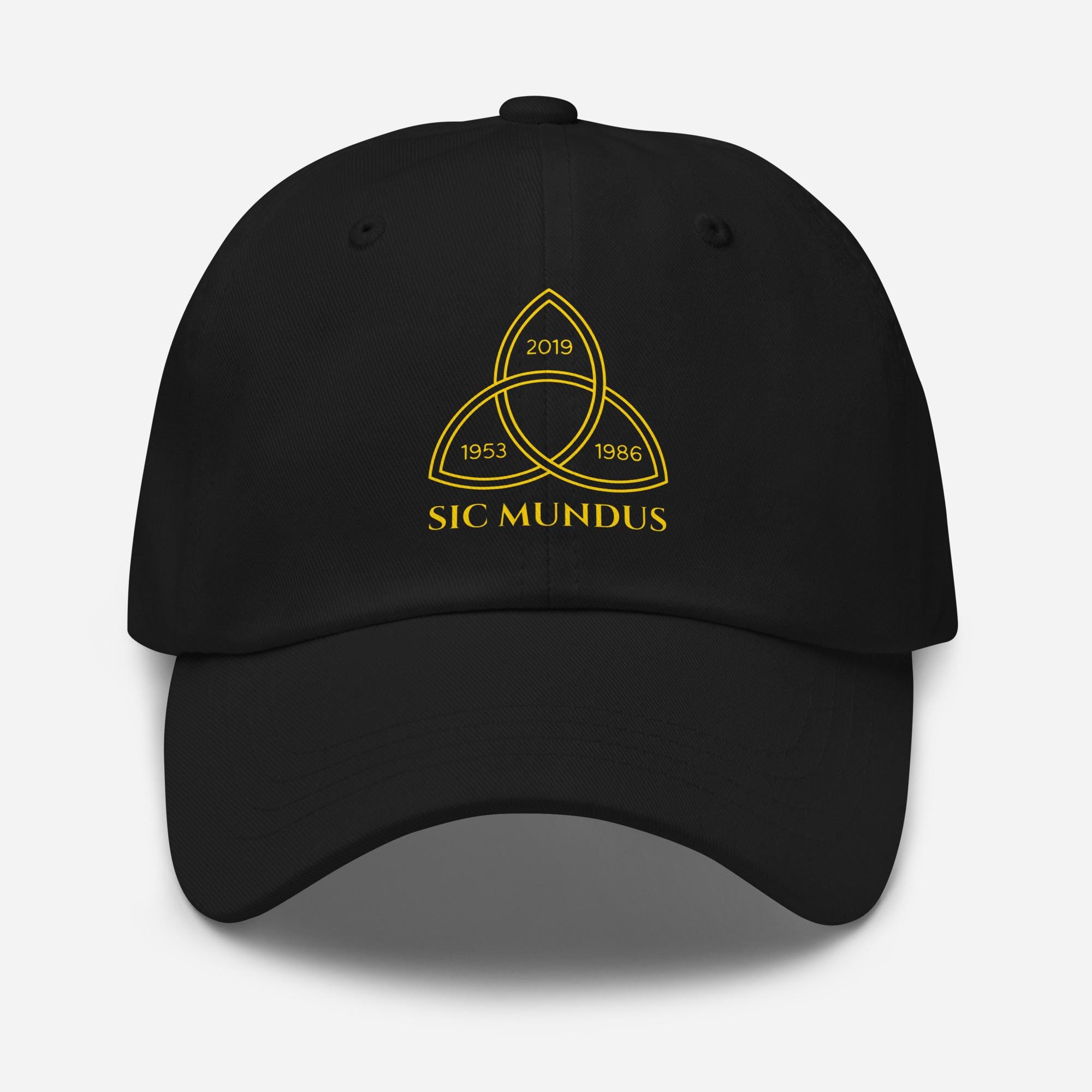 Dark TV Show Dad Hat – Sic Mundus Triquetra Print | Time Travel Fan Cap | 1953 1986 2019 German Sci-Fi Hat | Yupoong 6245CM