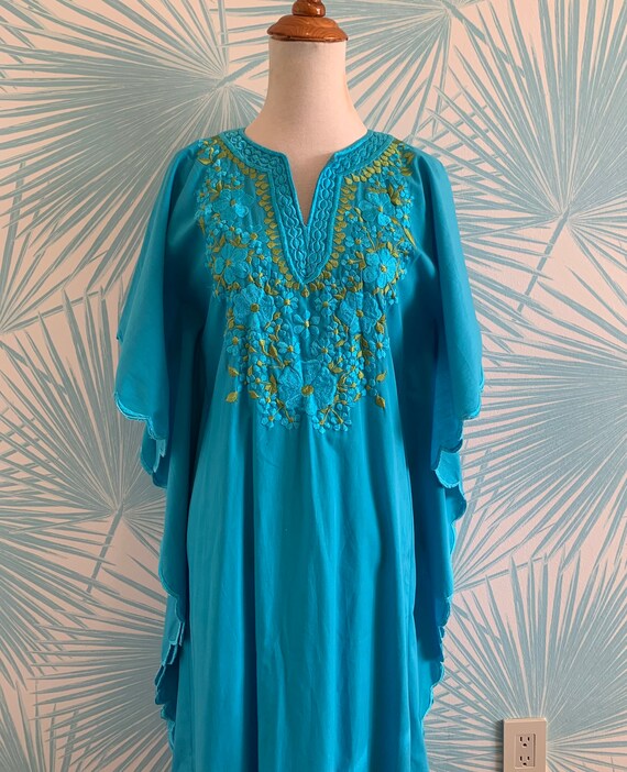 Vintage Embroidered Turquoise Mexican Caftan, Boh… - image 6