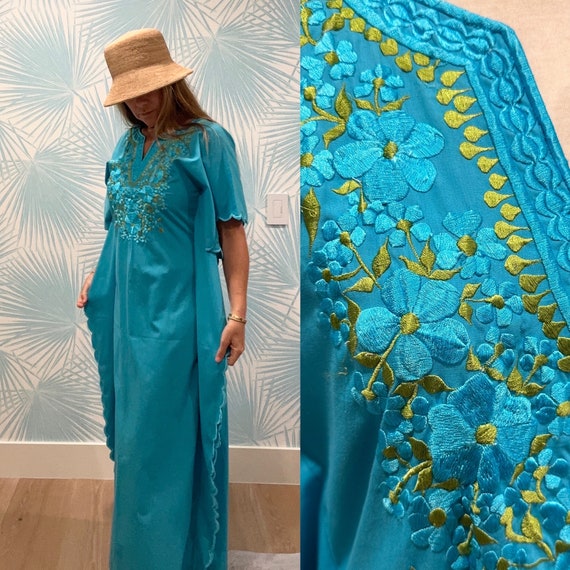 Vintage Embroidered Turquoise Mexican Caftan, Boh… - image 1