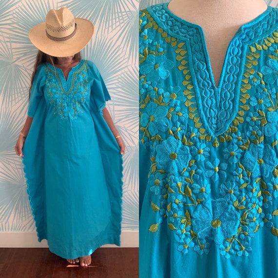 Vintage Embroidered Turquoise Mexican Caftan, Boh… - image 4