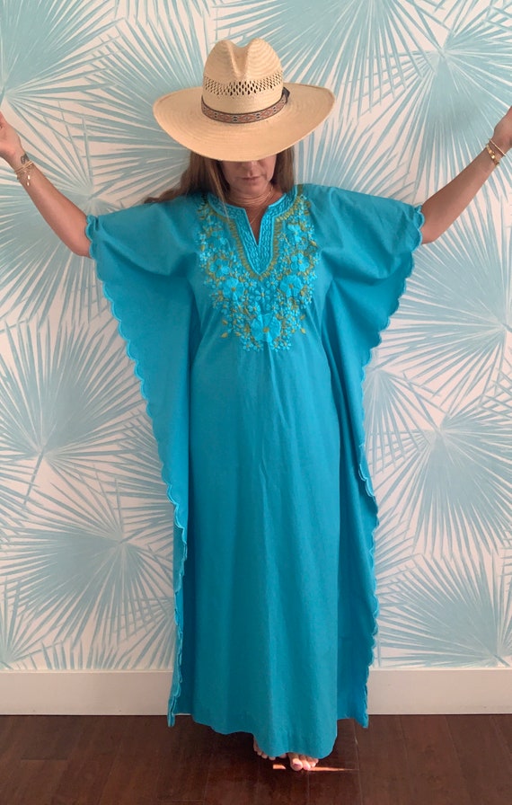 Vintage Embroidered Turquoise Mexican Caftan, Boh… - image 7