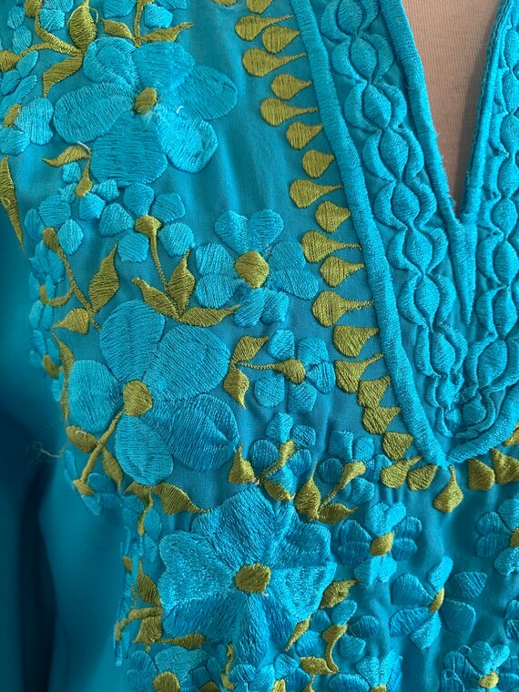 Vintage Embroidered Turquoise Mexican Caftan, Boh… - image 5